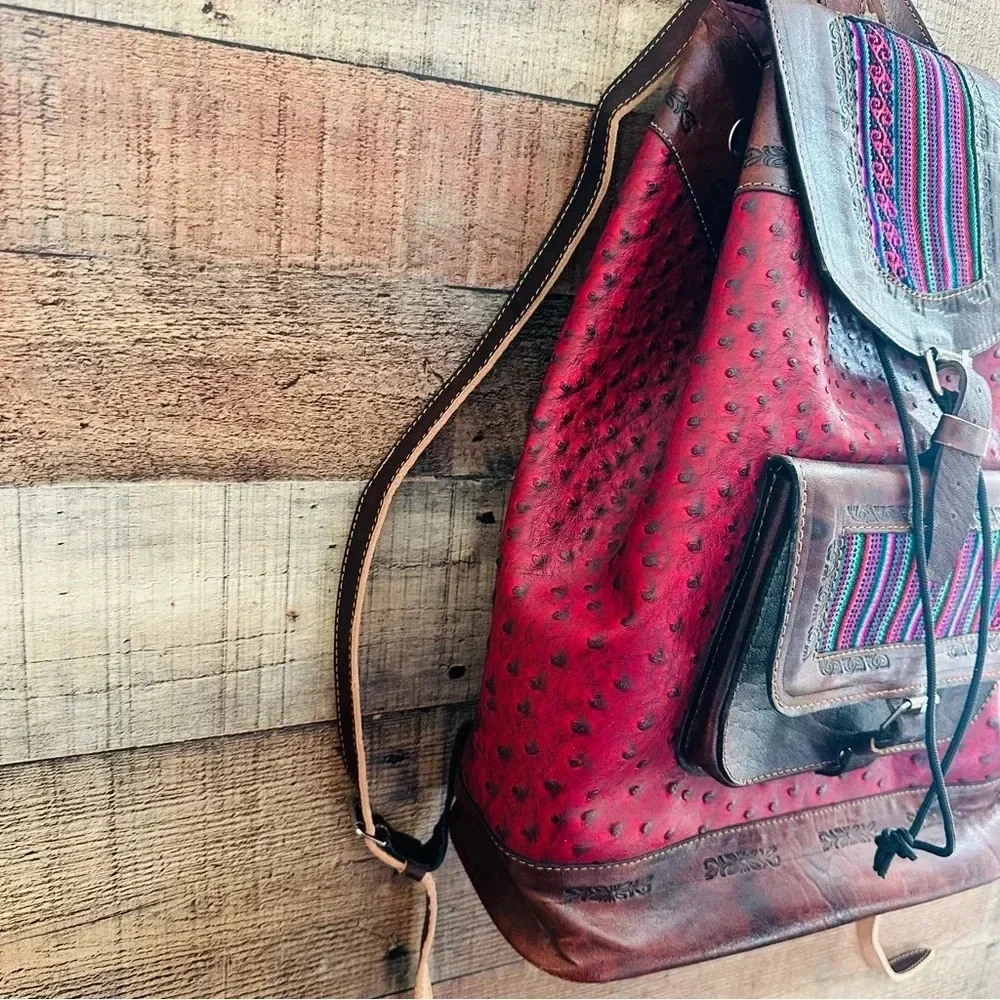 NWOT Handmade Large Huipil Guatemalan Leather Backpack